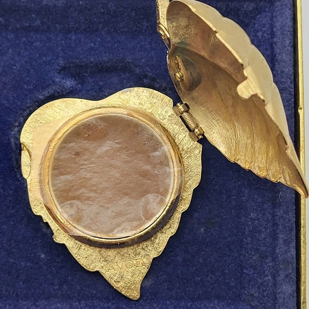Vintage Avon Gold Tone Locket Brooch Perfume Leaf With Faux Pearl